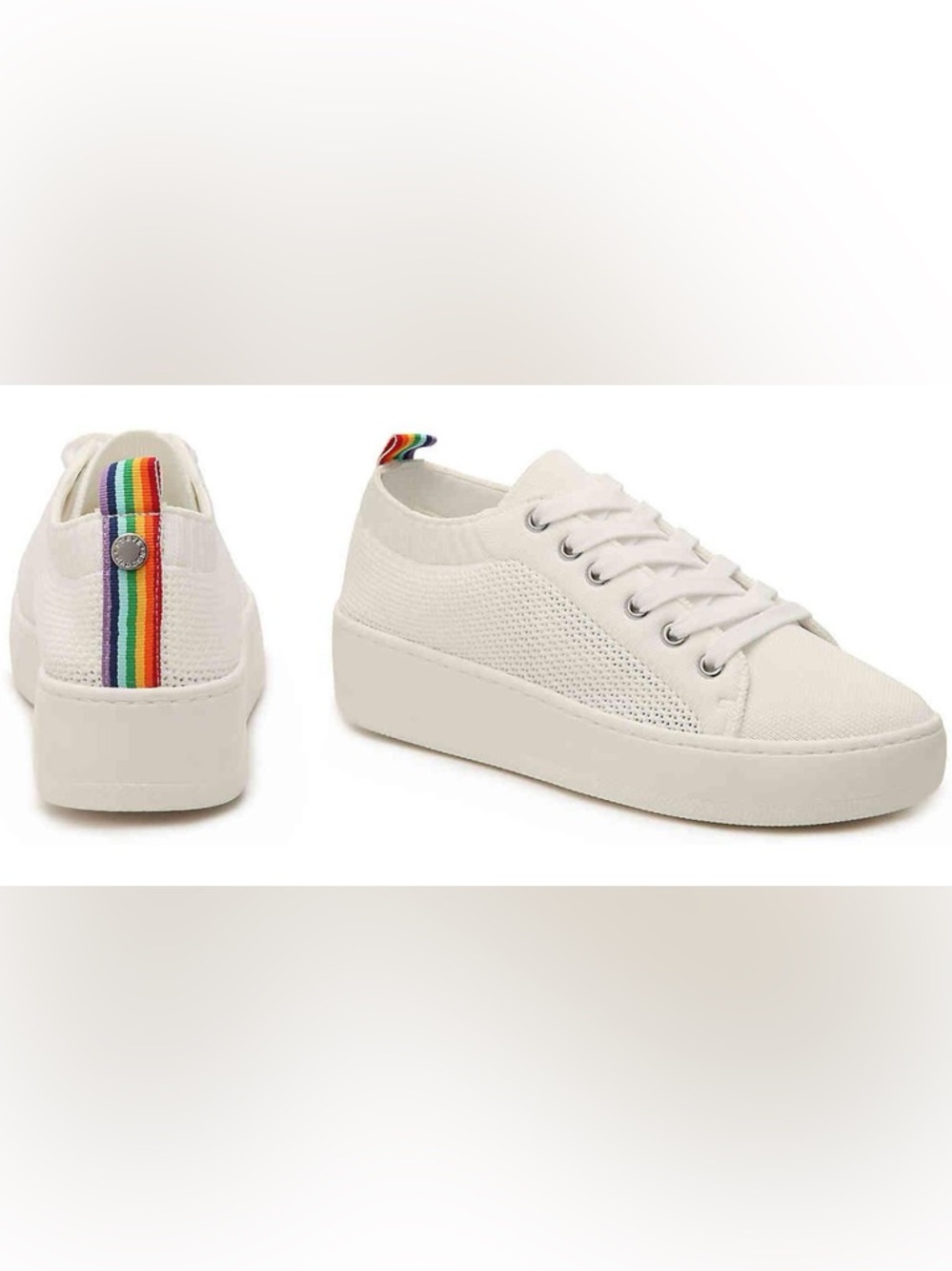 Sarah Cameron Steve Madden Bardo Sneakers White Platform Rainbow Tab